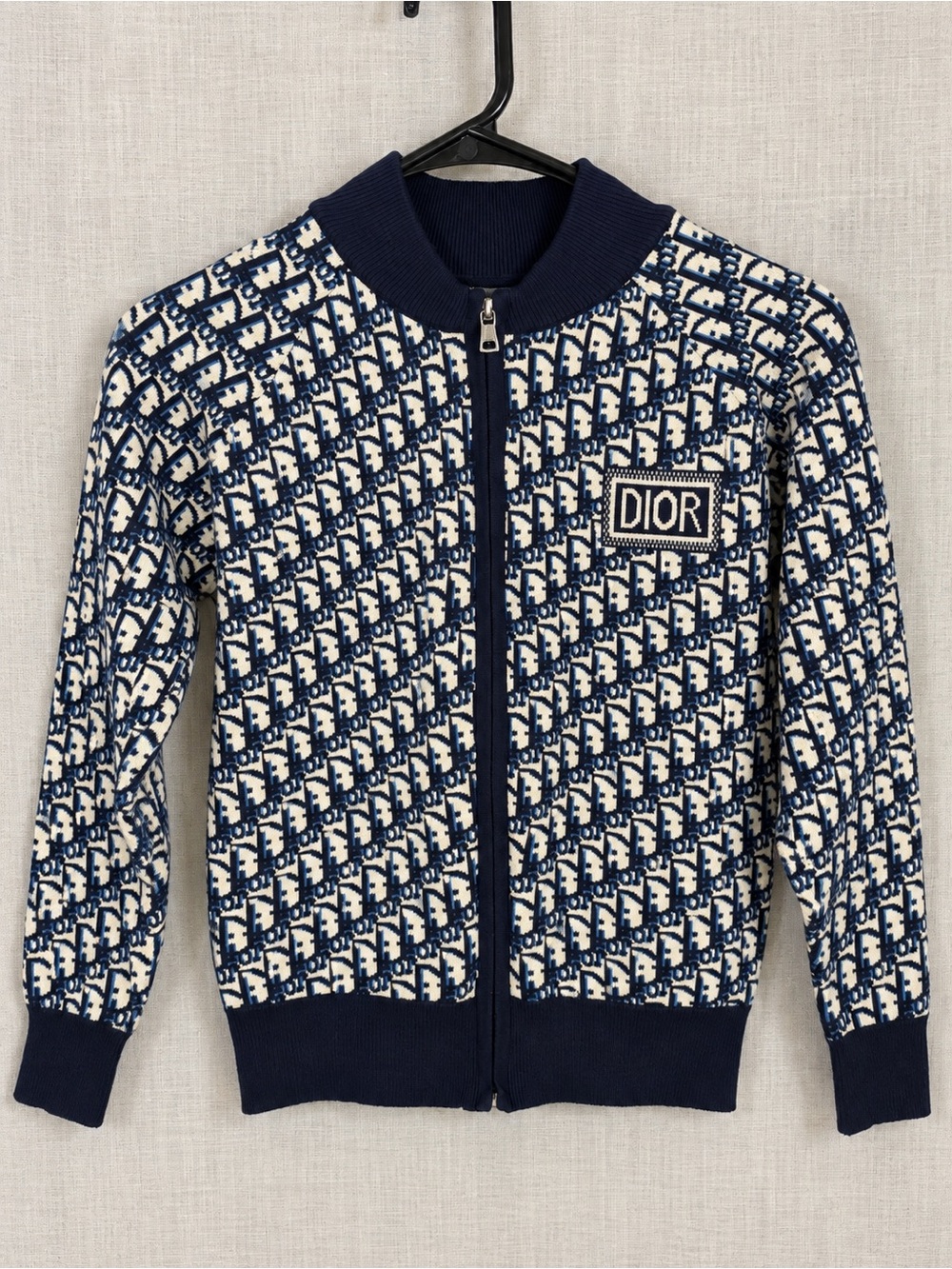 Vintage Christian Dior Navy Trotter Oblique Monogram Zip Cardigan Sweater XS